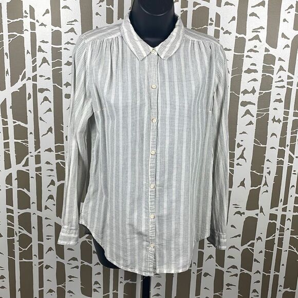 Anthropologie Isabella Sinclair Ivory & Grey Striped Button Down Shirt w Lace Pa - Picture 2 of 14